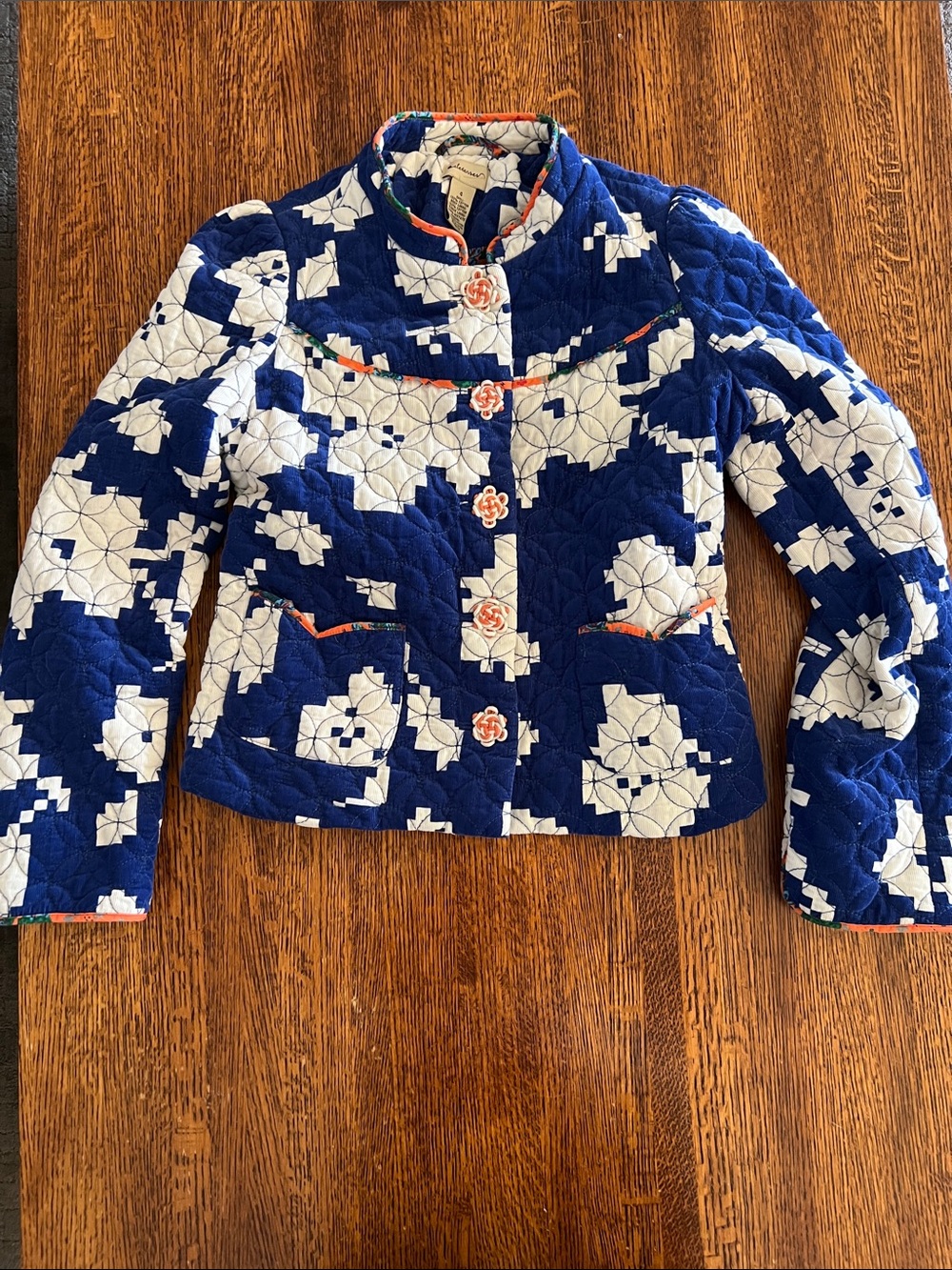 Anthropologie Elevenses Quilted Blue & Cream Floral Asian Corduroy Jacket SZ 4